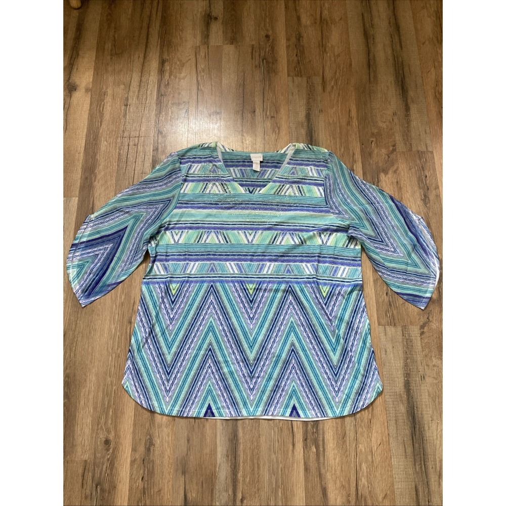 Chicos Top Womens Size 3 XL 3/4 Sleeve Lightweight Blouse Bright Colorful Summer